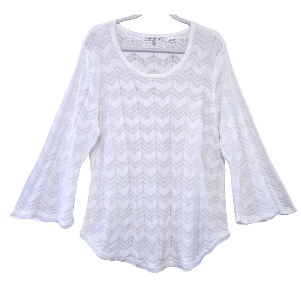 Eight Eight Eight Boho Chic White Chevron Pointelle Knit Bell Sleeve Top XL